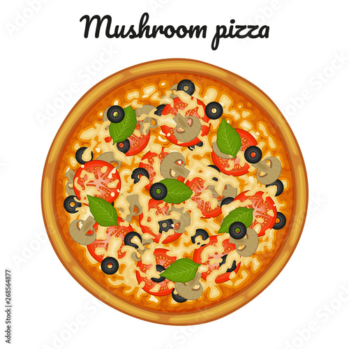 Mushroom pizza. Object for packaging, advertisements, menu. Isolated on white. Vector illustration. Cartoon.