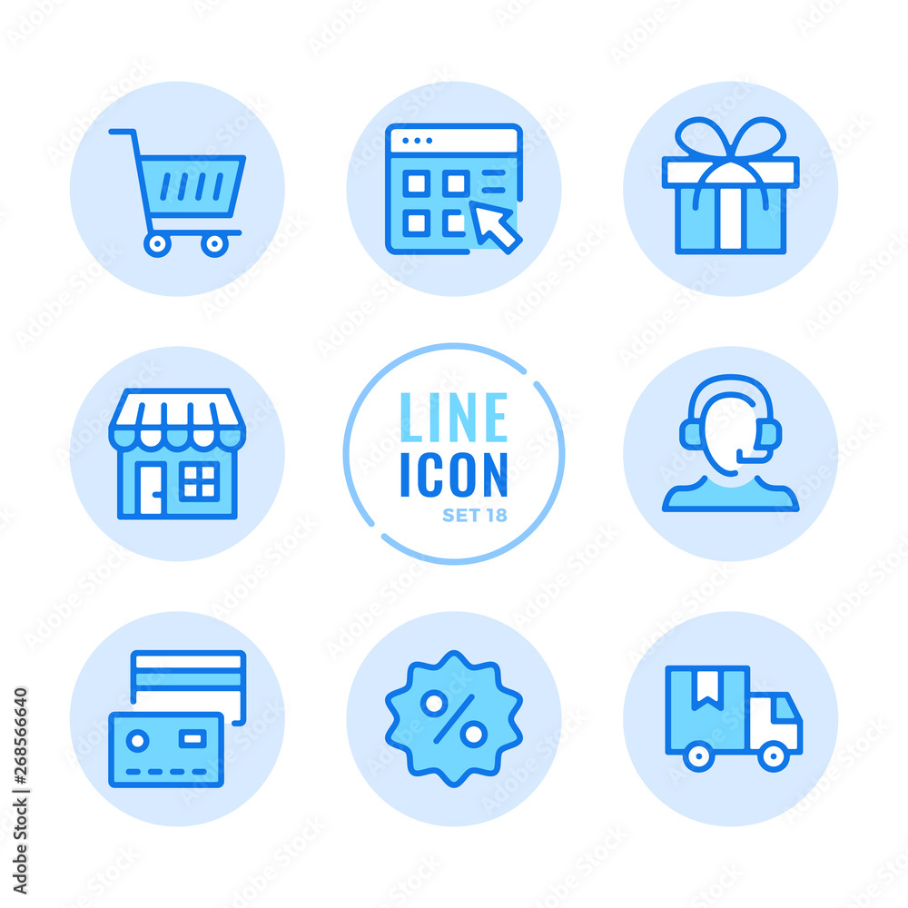 Online shopping vector line icons set. Store, customer support, credit card, discount, shopping cart outline symbols. Modern simple stroke graphic elements. Round icons Online shopping vector line icons set. Store, customer support, credit card, discount, shopping cart outline symbols. Modern simple stroke graphic elements. Round icons
