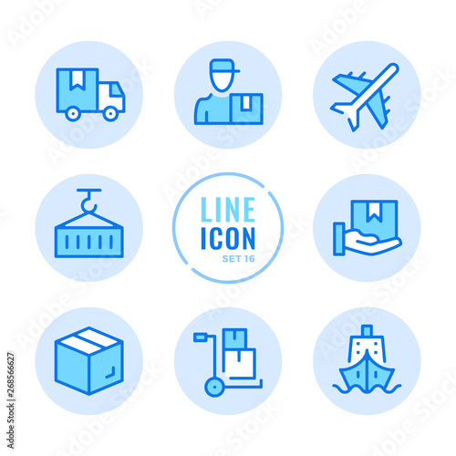 Delivery vector line icons set. Warehouse, courier service, delivery car, cargo, distribution outline symbols. Modern simple stroke graphic elements. Round icons