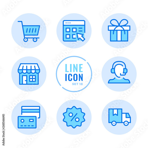 Online shopping vector line icons set. Store, customer support, credit card, discount, shopping cart outline symbols. Modern simple stroke graphic elements. Round icons