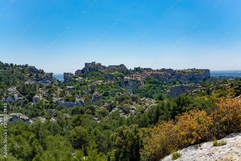 Landscape with rocks of Alpilles mountains in Provence, South of France