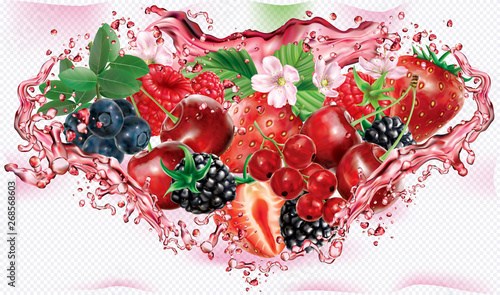 Berries juice. Berries mix into of splashes of juices in triangular composition