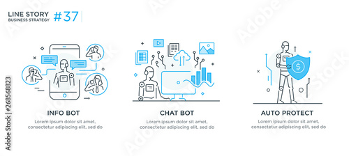 Set of illustrations concept with businessmen. technology, partnership, connection, business robot, cybes. linear illustration Icons infographics. Landing page site print poster. Line story