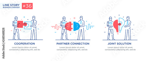 Set of illustrations concept with businessmen. technology, partnership, connection, business robot, cybes. linear illustration Icons infographics. Landing page site print poster. Line story