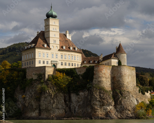 Monastery on a cliff on the shores of the Danube river in Austria