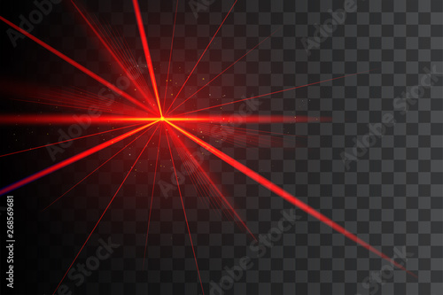 Party laser light on transparent black background. Red laser beam. 
