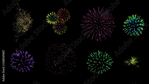 Set of fireworks isolated on black background. High resolution image.