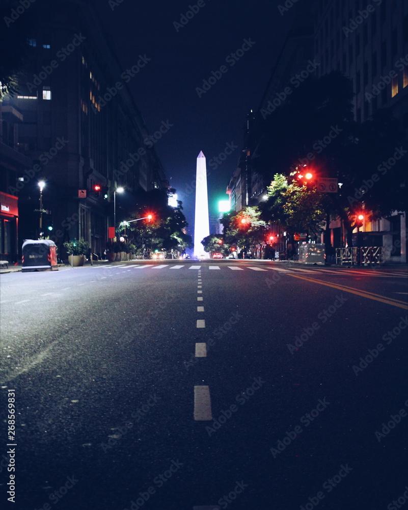 Buenos Aires Obelisk at night on 9 de Julio avenue