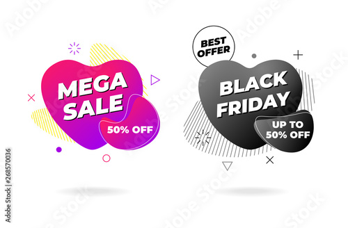 Sale banner template design. Mega sale black friday best offer on abstract liquid shape set. Flat geometric gradient colored graphic elements in heart fluid form. Vector illustration