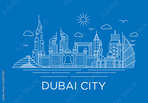 dubai city skyline background with iconic concept use for background banner and tshirt design template, uni arab emirates landmarks