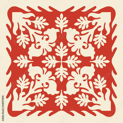 Hawaiian quilt illustration (red), leaves, nature, background, fabric, textile, summer image