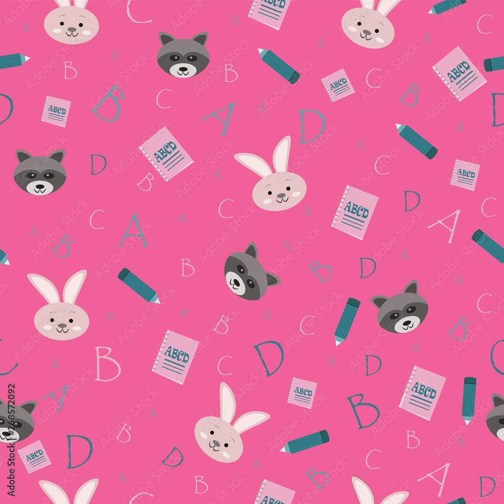 eamless school pattern for children to study with a raccoon and rabbit ...
