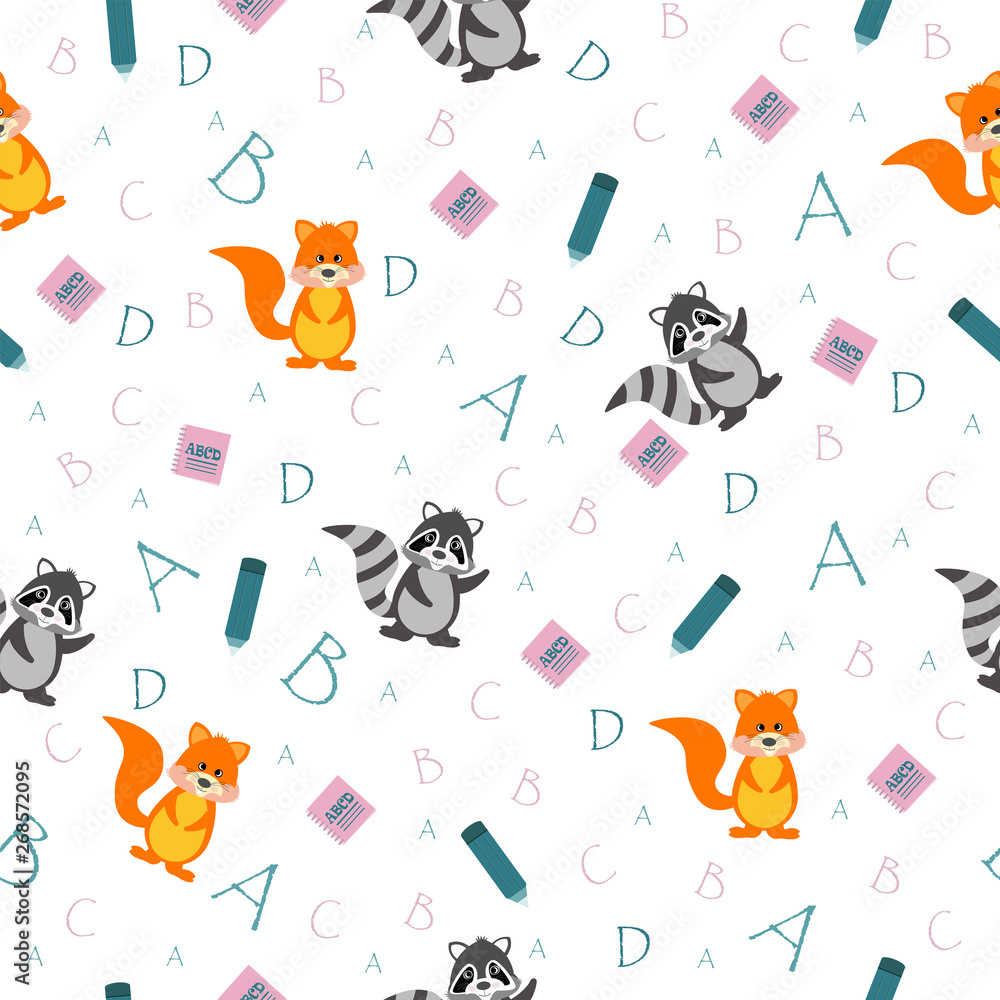 seamless school pattern for children to study with a raccoon Stock ...