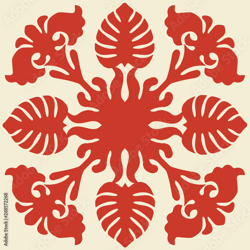 Hawaiian quilt illustration (red), leaves, nature, background, fabric, textile, summer image