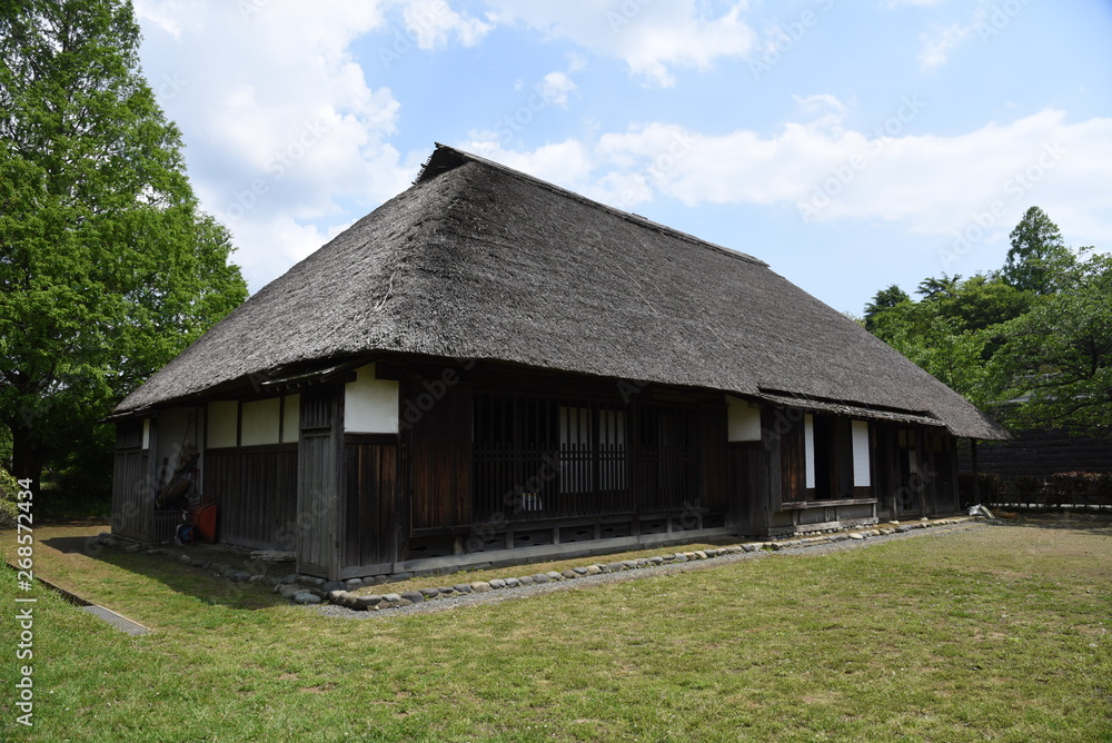 Japanese traditional old folk house / Thatched roofs and inside the house.