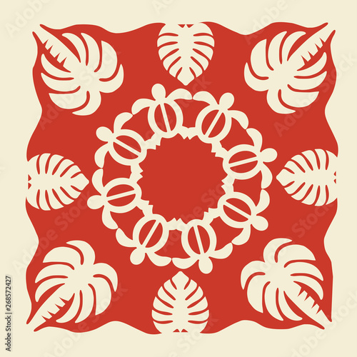 Hawaiian quilt illustration (red), leaves, nature, turtle, background, fabric, textile, summer image