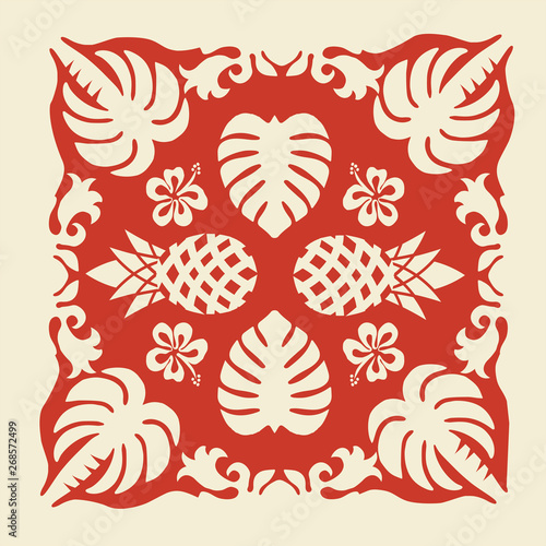 Hawaiian quilt illustration (red), leaves, nature, pineapple, background, fabric, textile, summer image