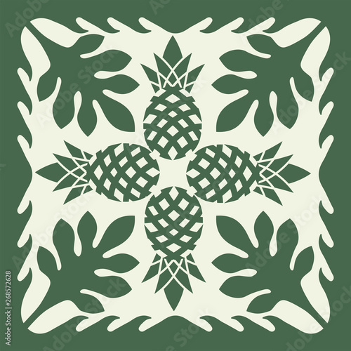 Hawaiian quilt illustration (green), leaves, nature, pineapple, background, fabric, textile, summer image