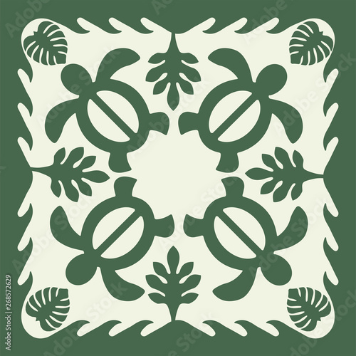 Hawaiian quilt illustration (green), leaves, nature, turtle, background, fabric, textile, summer image