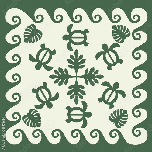 Hawaiian quilt illustration (green), leaves, nature, turtle, background, fabric, textile, summer image