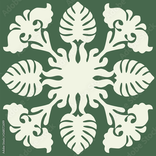 Hawaiian quilt illustration (green), Monster,leaves, nature, background, fabric, textile, summer image