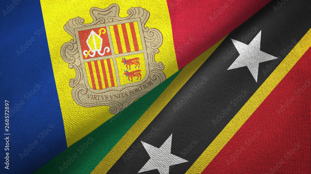 Andorra and Saint Kitts and Nevis two flags textile cloth, fabric texture Andorra and Saint Kitts and Nevis two flags textile cloth, fabric texture