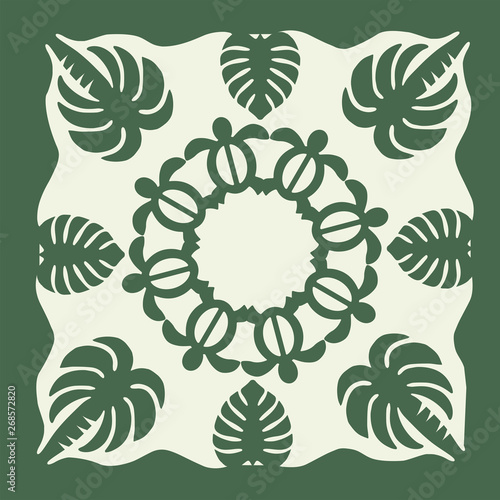 Hawaiian quilt illustration (green), leaves, nature, turtle, background, fabric, textile, summer image