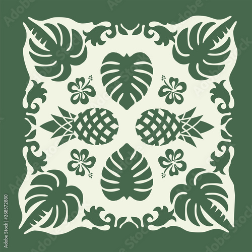 Hawaiian quilt illustration (green), Monster, palm tree, leaves, nature, pineapple, background, fabric, textile, summer image
