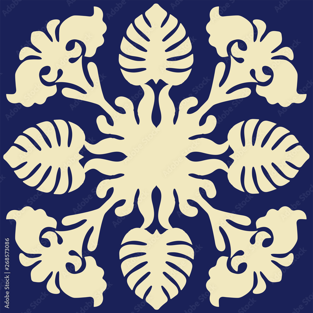 ハワイアンキルトのパターン 青 自然 モンステラ 背景イラスト テクスチャ 夏のイメージ ベクターデータ Hawaiian Quilt Background Stock Vector Adobe Stock