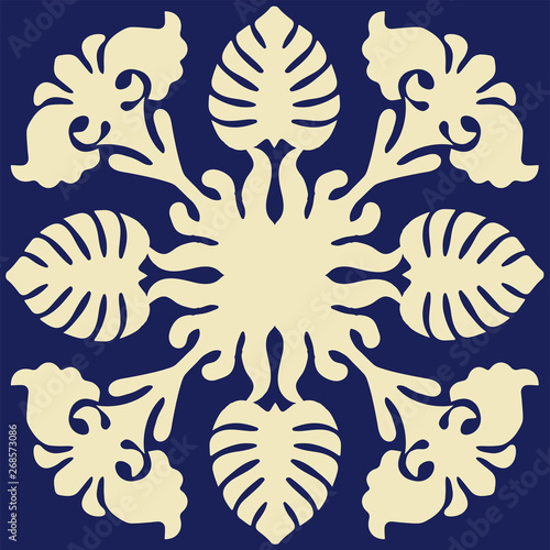 ハワイアンキルトのパターン（青）｜自然・モンステラ・背景イラスト　テクスチャ｜夏のイメージ　ベクターデータ　Hawaiian quilt background