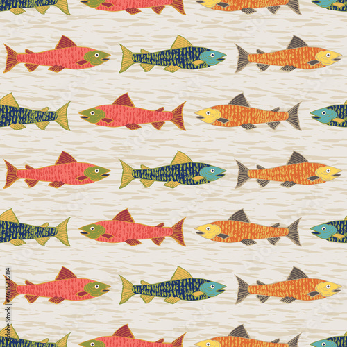 Rustic wildlife seamless fish pattern for your favorite angler. Great for birthday cards, father's day, wrapping paper, textiles, home decor and scrapbooking. Colorful with a bit of fun texture.