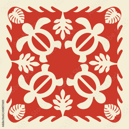 Hawaiian quilt illustration (red), leaves, turtle, background, fabric, textile, summer image