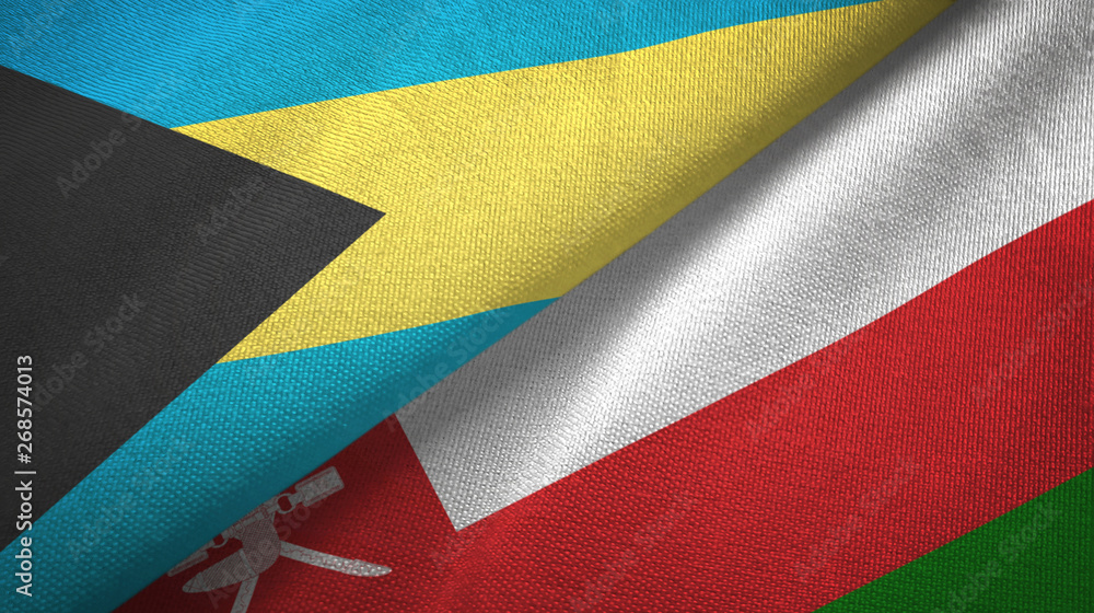 Bahamas and Oman two flags textile cloth, fabric texture Bahamas and Oman two flags textile cloth, fabric texture
