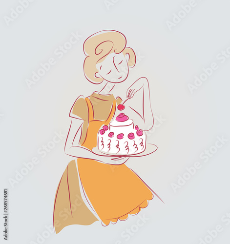 cooking girl vector illustration with cake isolated doodle sketch