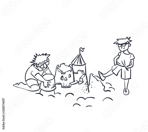 designer and tester concept vector illustration sand castle crush, envy, criticism concept