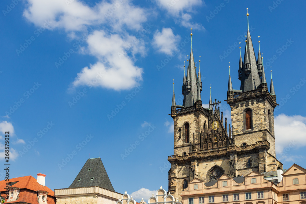 Outdoor exterior view of Church of Our Lady before Týn, Beautiful and famous baroque catholic church, located on old town square in Prague, Czech Republic.