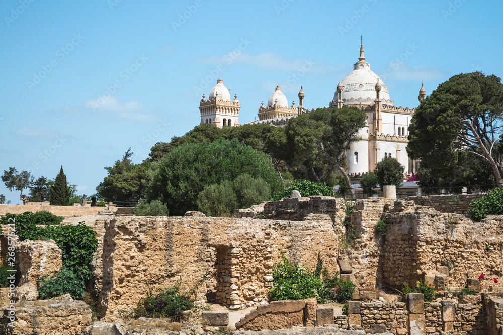 View from ruins of punic district on Byrsa Hill on Saint Louis Cathedral in Carthage, Tunisia.