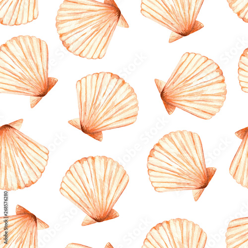 Watercolor sea seamless pattern with a lot of the beautiful shells (Venus scallop). Isolated on a white background. Summer illustration. Under the sea.