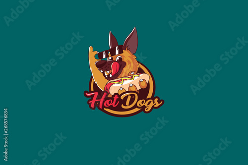 sheep-dog in glasses with hot dog in their hands