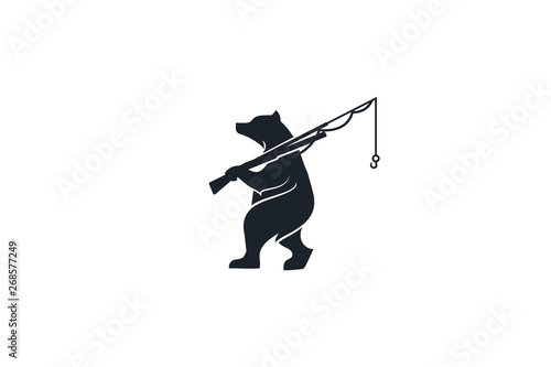 walking bear, bear holds fishing rod in hand, isolated design of bear