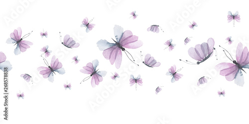 Watercolor floral seamless borders with delicate pink, blue, lilac flowers, petals, branches, leaves, twigs, butterflies, bird for wedding invitations, greeting cards