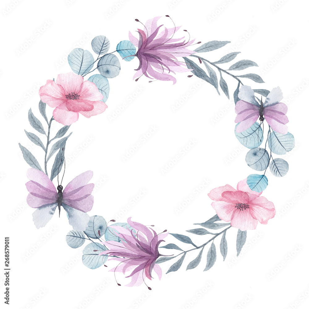 Watercolor floral wreaths with delicate pink, blue, lilac flowers, petals, branches, leaves, twigs, butterflies, bird for wedding invitations, greeting cards