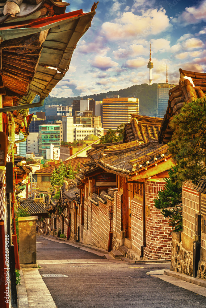 The view of Namsan Tower at Bukchon Hanok village in Seoul, South Korea