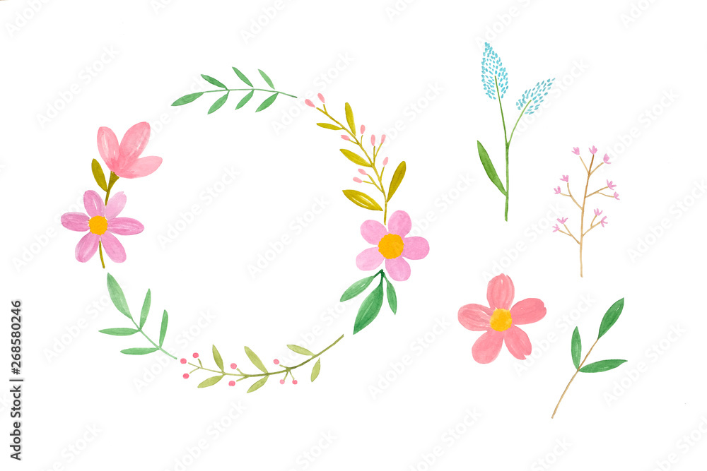 Watercolor illustration art design, Set of colorful flowers wreath in watercolor hand pianting style isolated on white background, pattern element for invitation greeting card