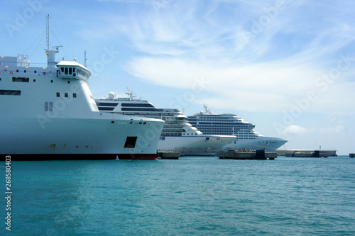 Big white ships in the port of Ibiza.