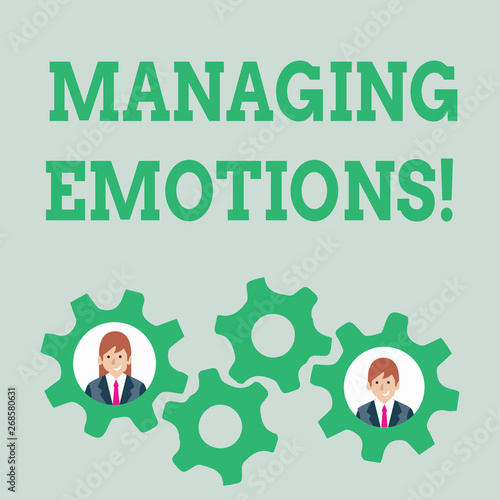 Text sign showing Managing Emotions. Business photo text ability be open to feelings and modulate them in oneself Two Business People Each Inside Colorful Cog Wheel Gears for Teamwork Event