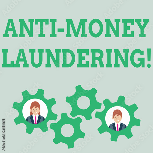 Text sign showing Anti Money Laundering. Business photo text regulations stop generating income through illegal actions Two Business People Each Inside Colorful Cog Wheel Gears for Teamwork Event