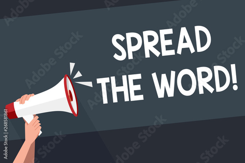 Word writing text Spread The Word. Business photo showcasing share the information or news using social media Human Hand Holding Tightly a Megaphone with Sound Icon and Blank Text Space © Artur