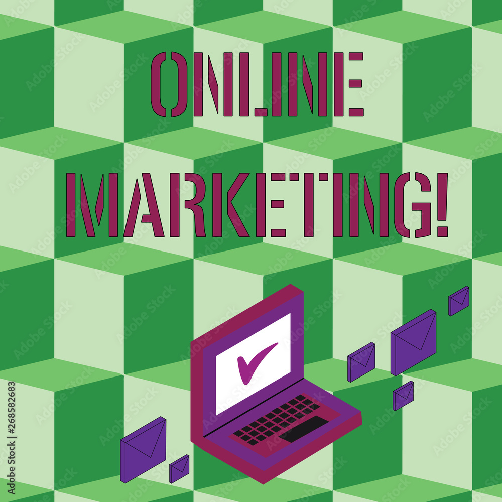 Text sign showing Online Marketing. Business photo text leveraging web based channels spread about companys brand Color Mail Envelopes around Laptop with Check Mark icon on Monitor Screen Text sign showing Online Marketing. Business photo text leveraging web based channels spread about companys brand Color Mail Envelopes around Laptop with Check Mark icon on Monitor Screen