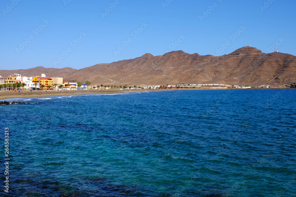 Beach and village Gran Tarajal on Fuerteventura, Spain.